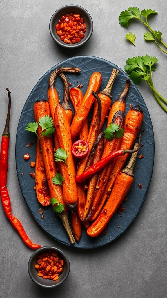 Spicy honey roasted carrots with chili flakes on a dark plate, garnished with fresh herbs and chili peppers.