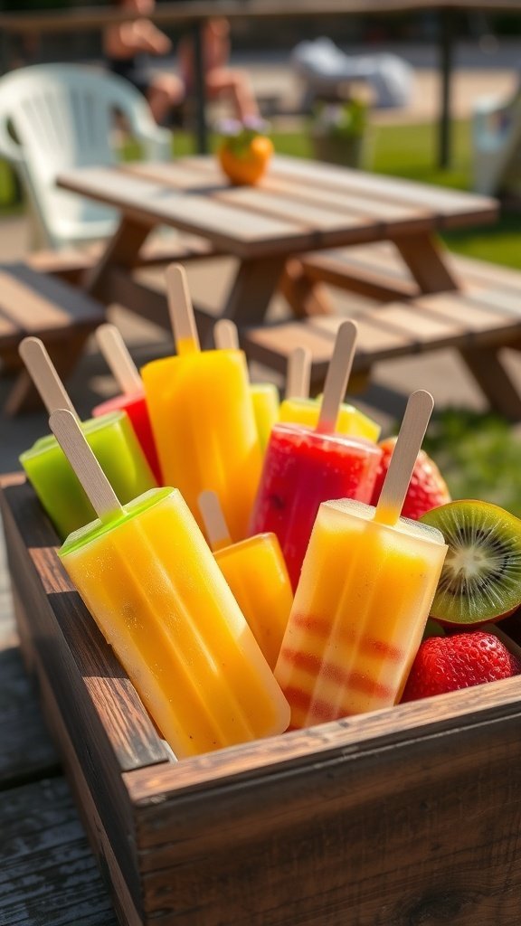 A colorful assortment of fruity popsicles in a wooden box, perfect for summer celebrations.