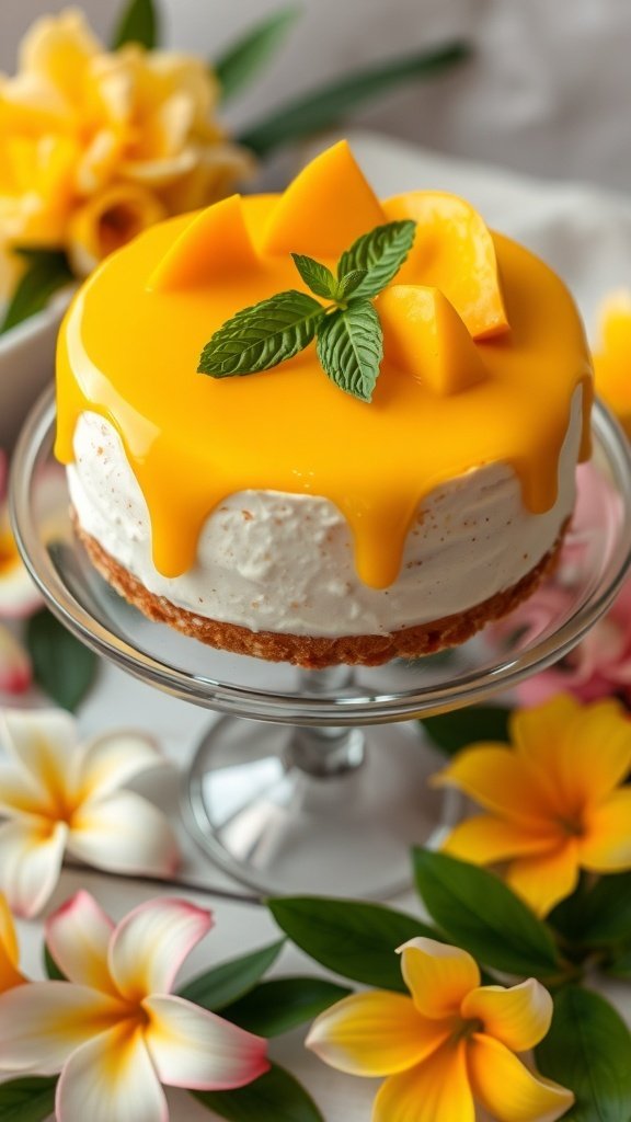A beautiful mango mousse cake topped with mango slices and mint leaves, surrounded by tropical flowers.