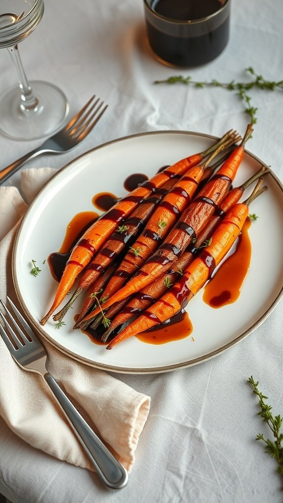 A plate of balsamic glazed air fryer carrots garnished with thyme.