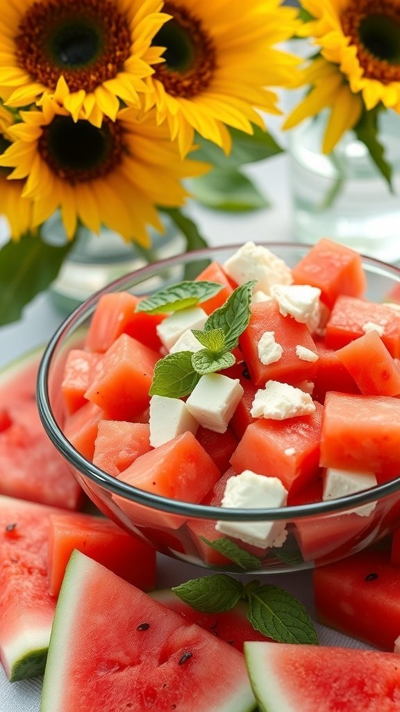 A bowl of watermelon salad with feta cheese and mint, surrounded by watermelon slices and sunflowers.