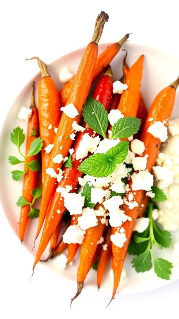 A plate of honey roasted carrots topped with feta cheese and fresh mint leaves.