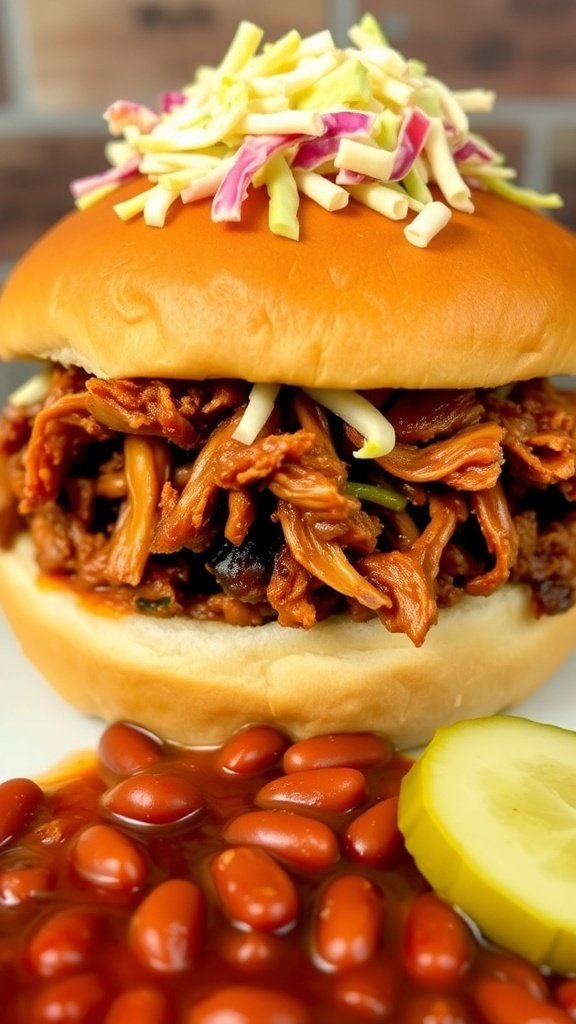 A smoky BBQ pulled pork sandwich with shredded pork, coleslaw, and a side of baked beans.