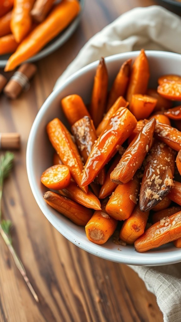 A bowl of spiced brown sugar and maple carrots, glistening with a sweet glaze.