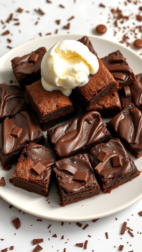 A plate of fudgy brownies topped with vanilla ice cream and chocolate frosting.