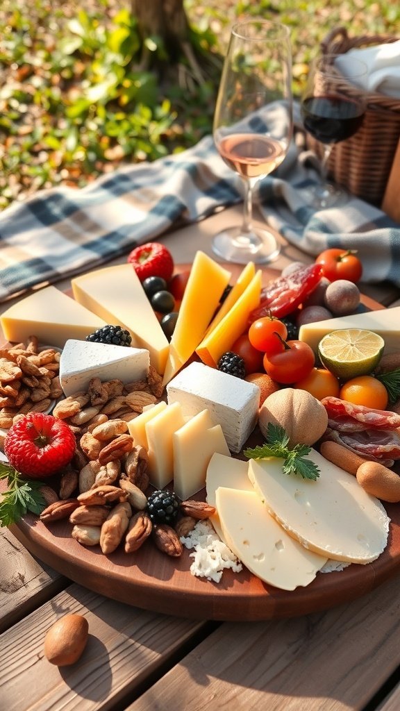 A beautifully arranged cheese board with various cheeses, fruits, nuts, and cured meats, set on a picnic table.