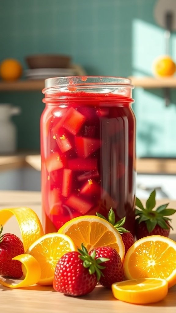 A jar of strawberry rhubarb jam surrounded by fresh strawberries and orange slices.
