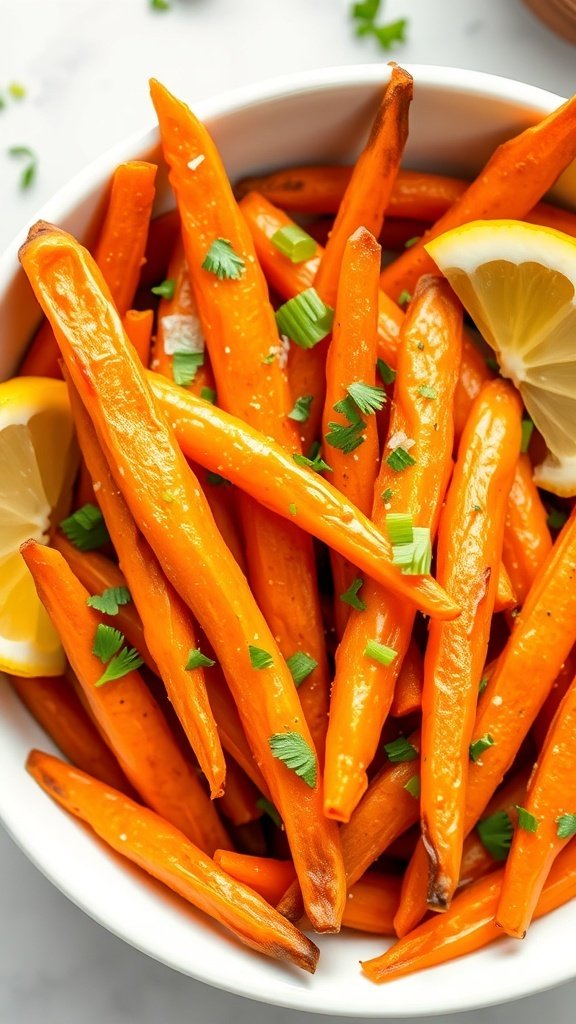 Bowl of zesty lemon and herb carrot fries garnished with fresh herbs and lemon wedges