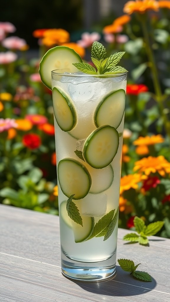 A refreshing cucumber mint cooler in a tall glass, garnished with cucumber slices and mint leaves, set against a colorful flower background.