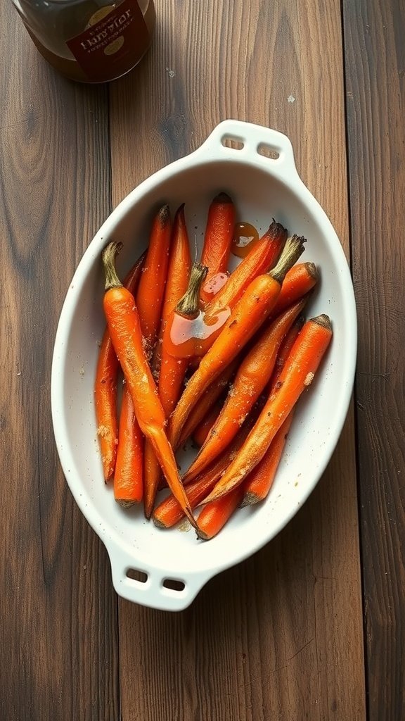 A dish of honey and brown sugar roasted carrots on a wooden table.