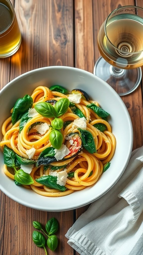 A bowl of one-pot pasta with spinach and cherry tomatoes, garnished with basil and cheese, next to glasses of white wine.