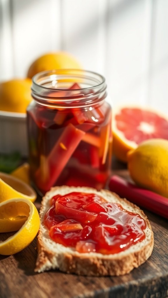 A jar of rhubarb jam with slices of lemon and grapefruit on a wooden surface.