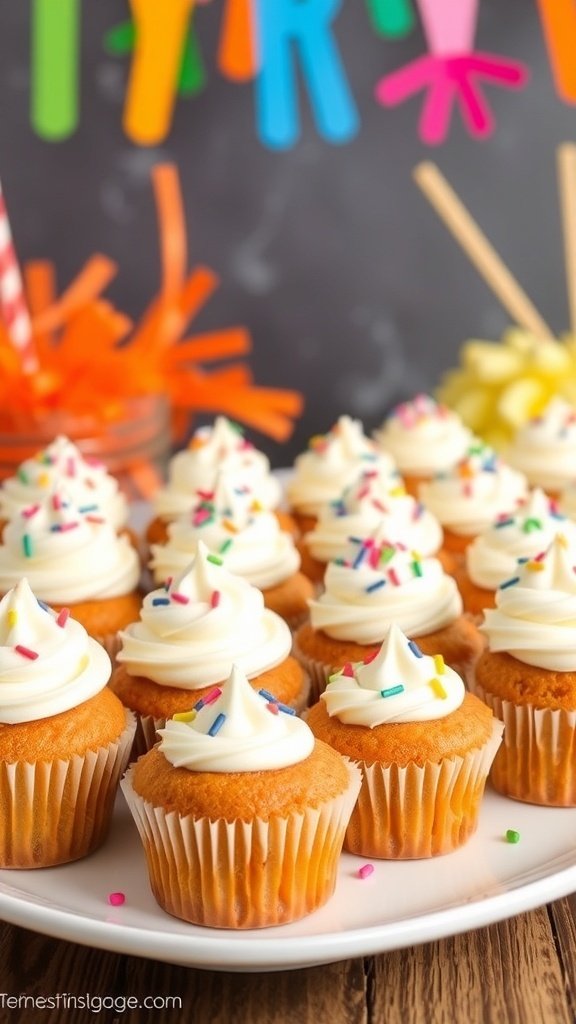 Mini gluten-free carrot cake cupcakes with cream cheese frosting and colorful sprinkles on a plate.