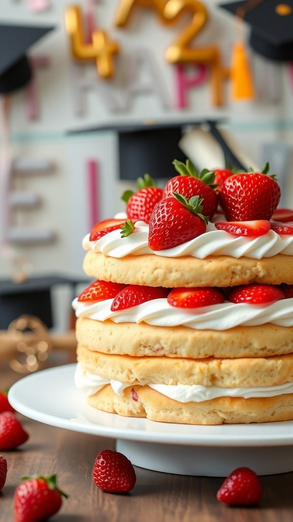 A beautiful strawberry shortcake graduation cake topped with fresh strawberries, set against a festive graduation backdrop.