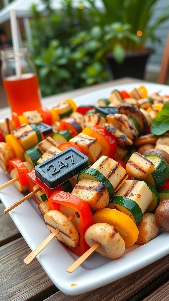 Colorful vegetable skewers with bell peppers, zucchini, mushrooms, and tofu on a white platter.