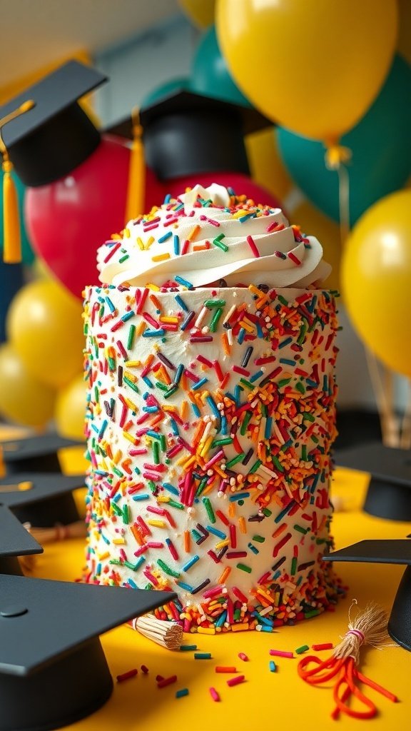A colorful funfetti graduation cake surrounded by graduation caps and balloons.