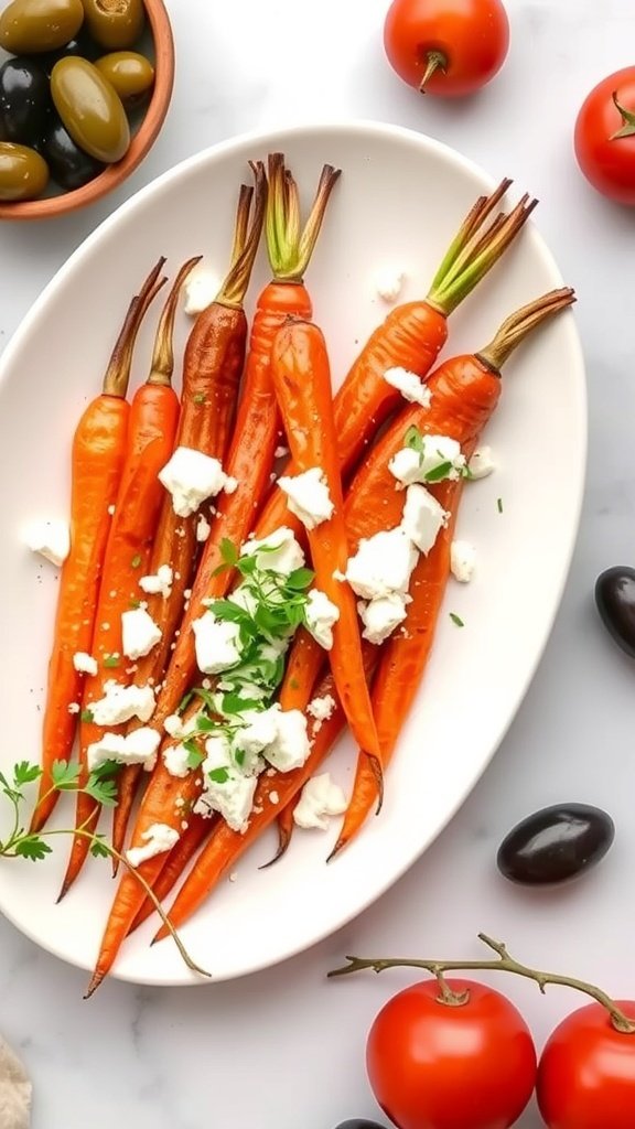 A plate of brown sugar glazed carrots topped with feta cheese and herbs, surrounded by olives and tomatoes.
