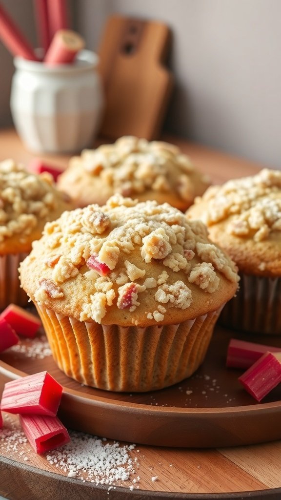 Freshly baked rhubarb muffins with a crunchy streusel topping on a wooden plate, surrounded by pieces of rhubarb.