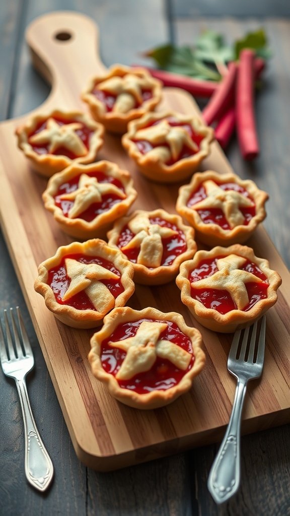 Mini rhubarb pies arranged on a wooden board with forks beside them.
