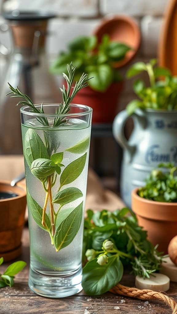 A refreshing herbal cocktail with fresh basil and rosemary in a glass.