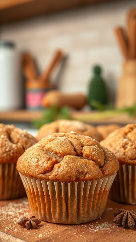 Delicious spiced carrot cake muffins topped with sugar, set in a cozy kitchen environment.