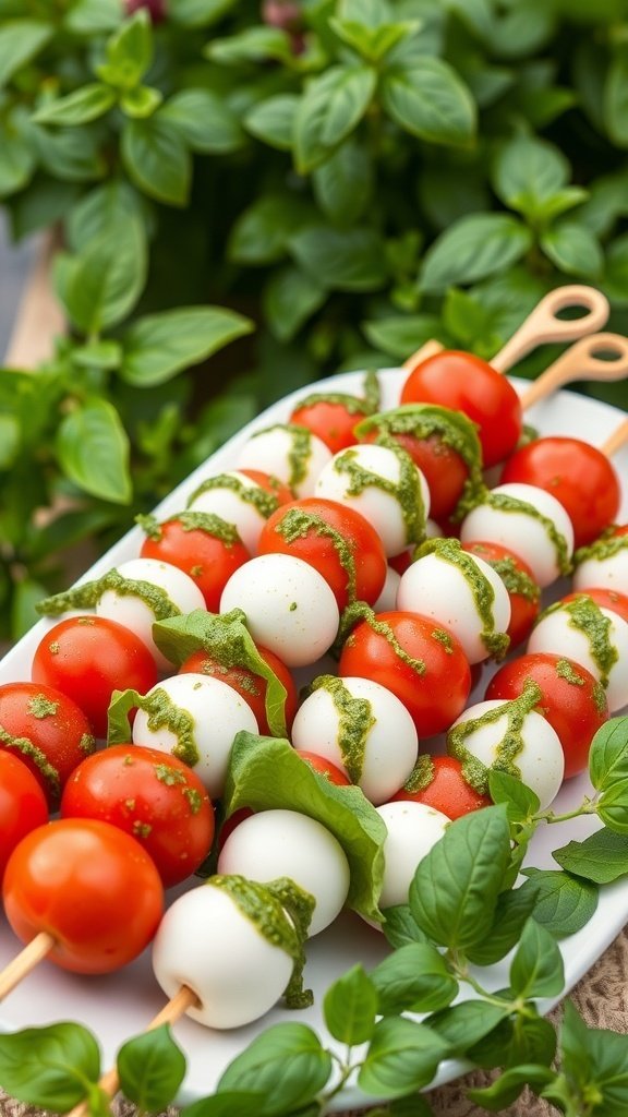 Savory pesto Caprese skewers with cherry tomatoes, mozzarella balls, and basil, drizzled with pesto.