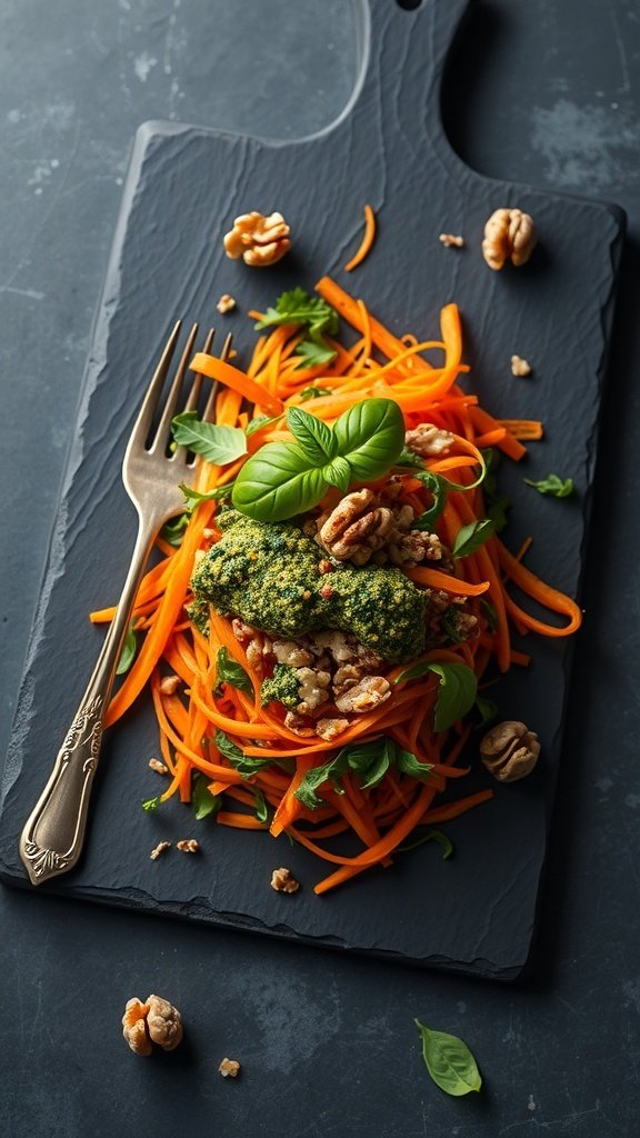 A vibrant carrot salad topped with walnut pesto, served on a slate board with a fork.