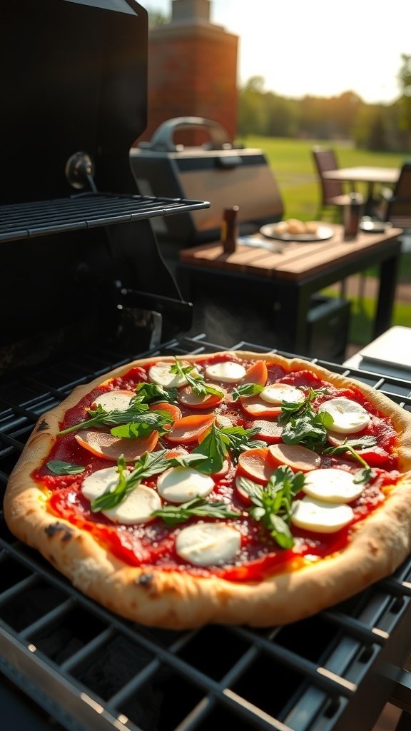 Grilled pizza with fresh toppings on a barbecue grill