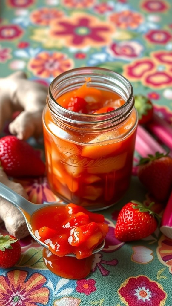 A jar of strawberry rhubarb jam with ginger, surrounded by fresh strawberries and rhubarb on a colorful floral background.