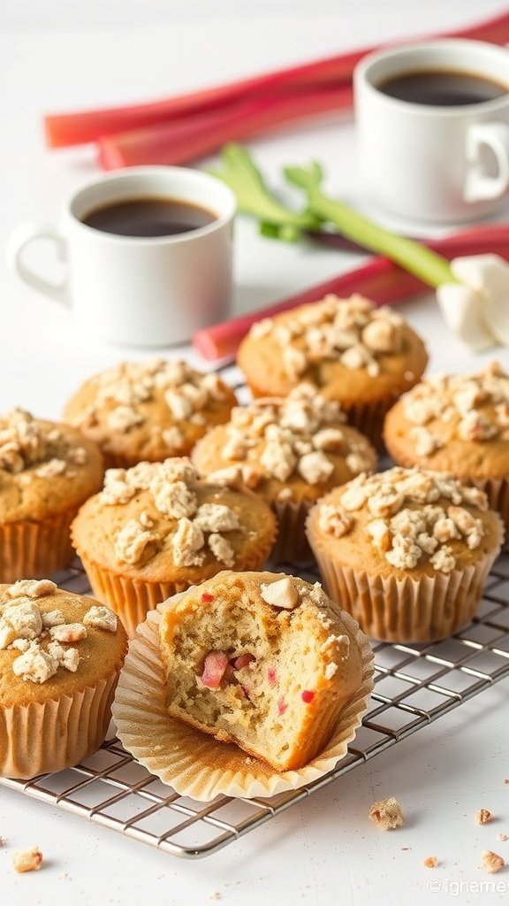 Freshly baked rhubarb muffins on a cooling rack with coffee cups in the background.