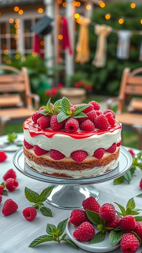 A beautiful raspberry graduation cake with layers of cream and fresh raspberries, set outdoors with festive decorations.