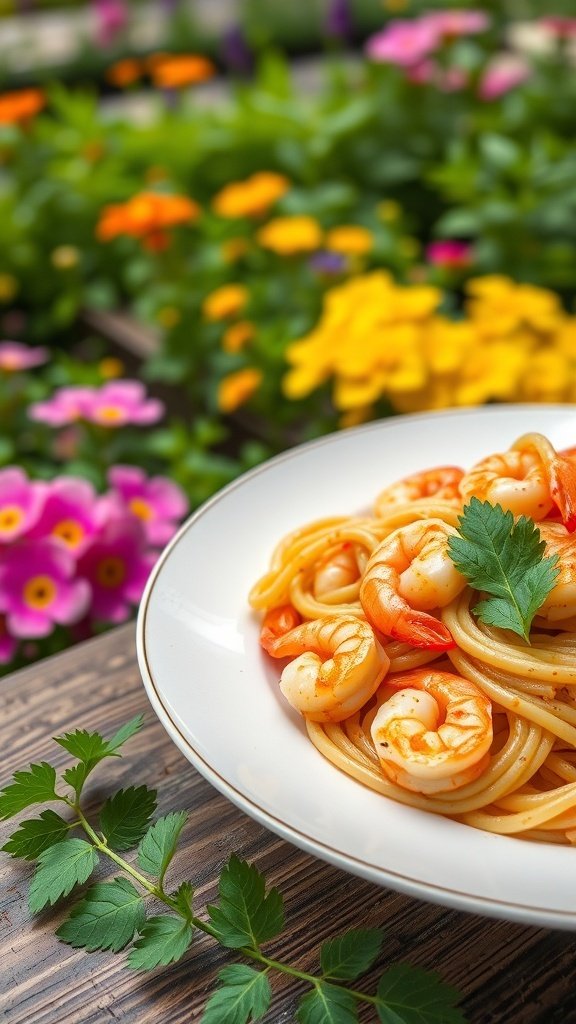 A plate of spicy garlic shrimp pasta garnished with parsley, set against a backdrop of colorful flowers.