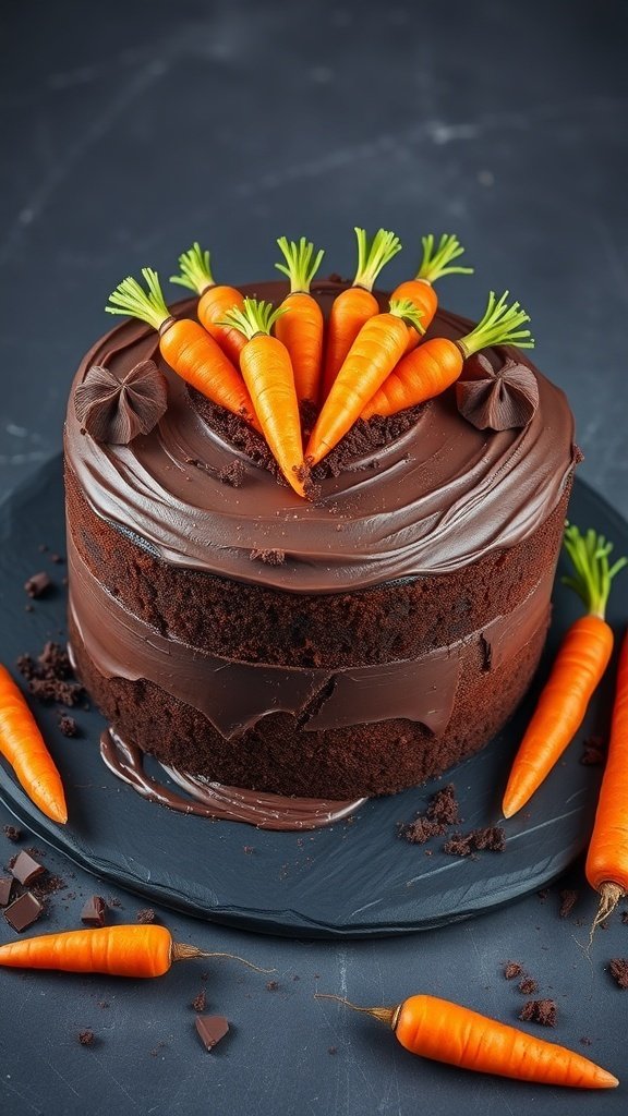 A delicious chocolate vegan carrot cake topped with vibrant orange carrots and chocolate frosting.