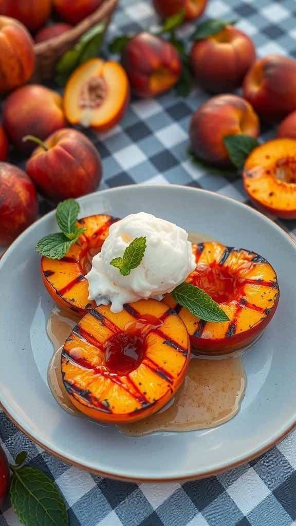 Grilled peaches with ice cream and mint on a plate, surrounded by fresh peaches.