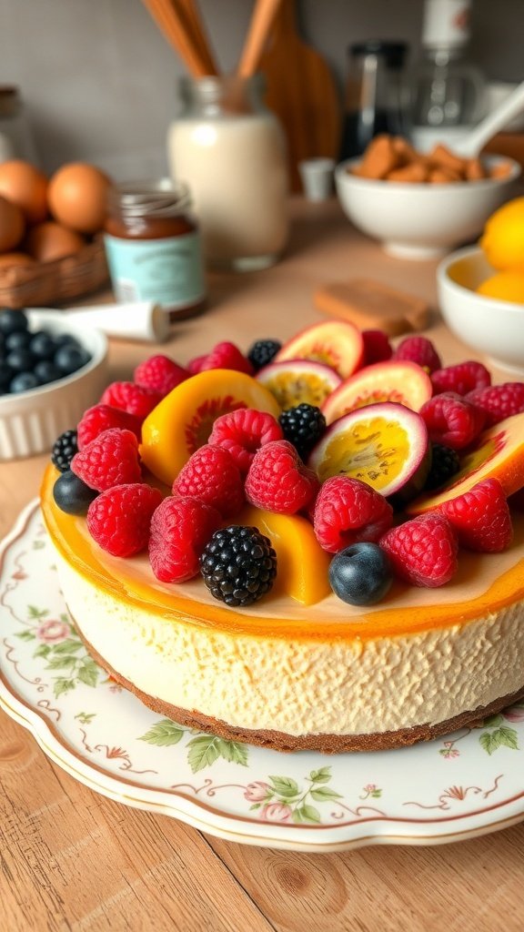A classic cheesecake topped with seasonal fruits like raspberries, blueberries, and peaches, displayed on a floral plate.