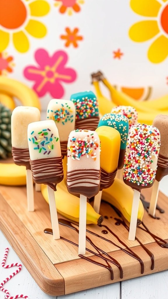 Colorful frozen banana pops on a wooden board with sprinkles and chocolate.