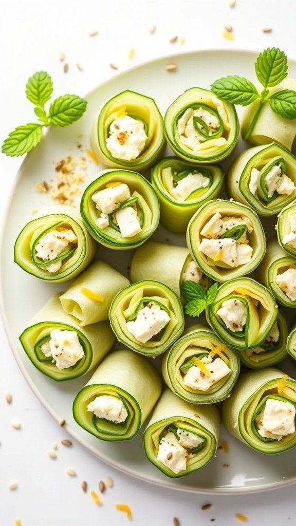 A plate of cucumber and feta rolls garnished with herbs