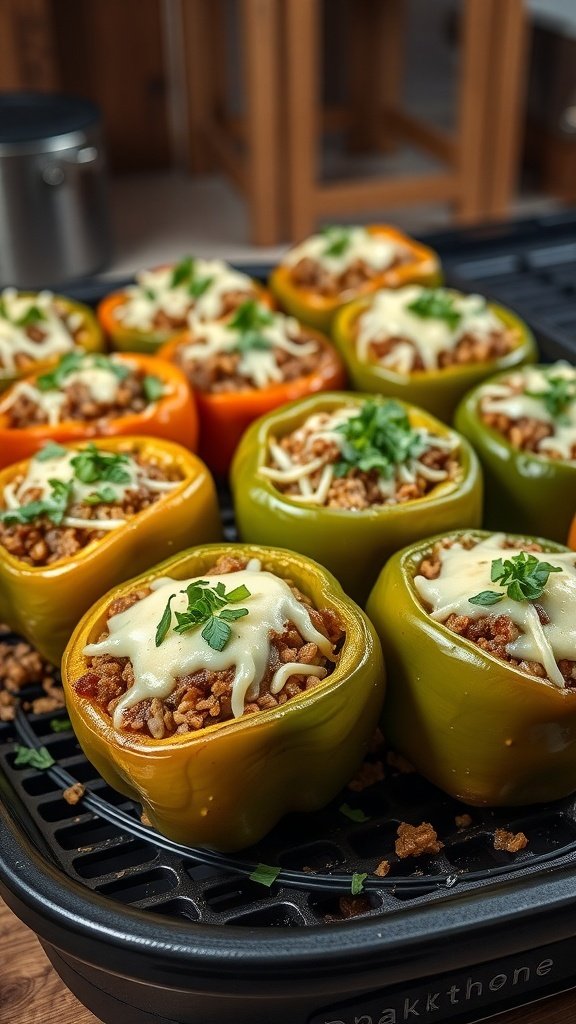 Colorful stuffed peppers filled with meat and rice on a Blackstone griddle.