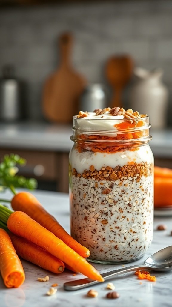 A jar of overnight carrot cake oats with grated carrots and nuts, surrounded by fresh carrots.