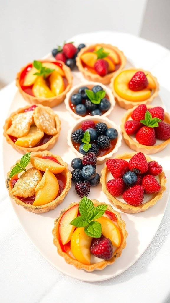 A platter of colorful fruit tarts topped with strawberries, blueberries, peaches, and mint leaves.