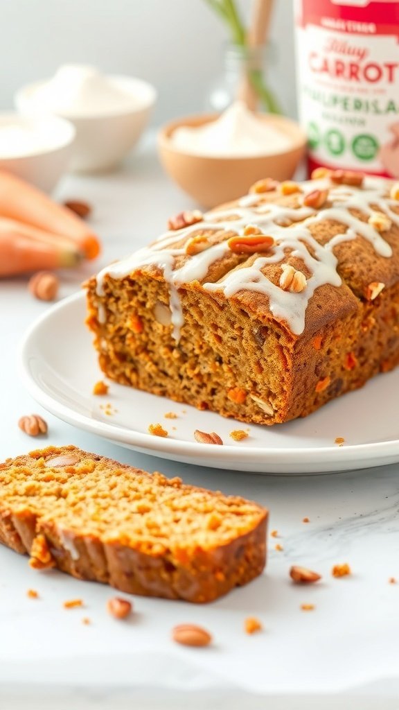 A loaf of carrot bread with a creamy glaze and nuts on top, sliced to show the moist interior.