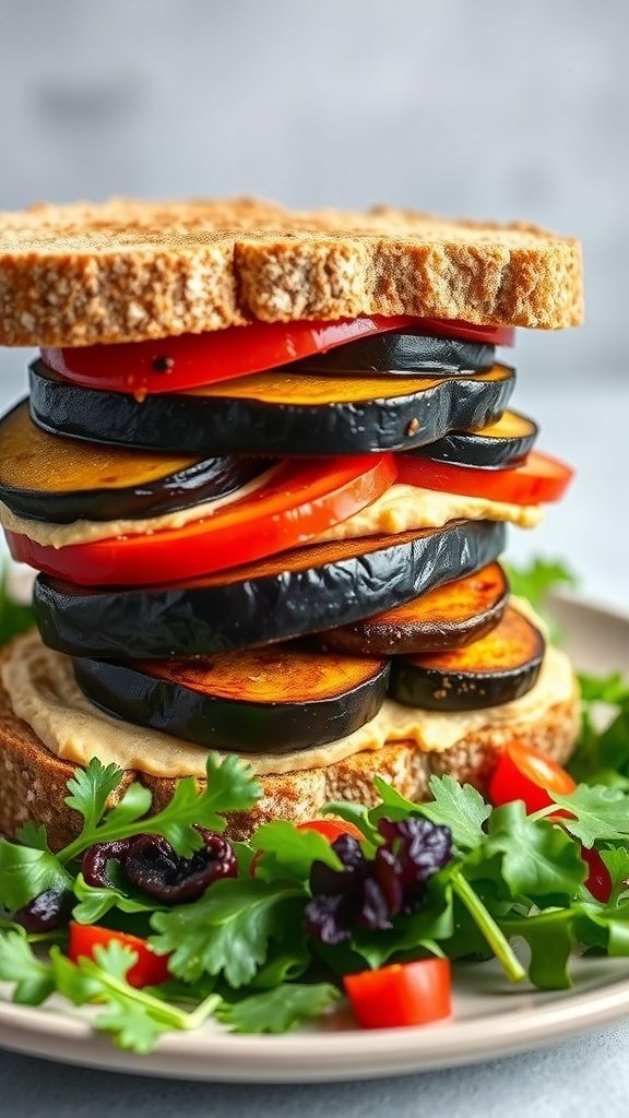 A stacked sandwich with roasted vegetables and hummus on whole grain bread, surrounded by fresh greens.