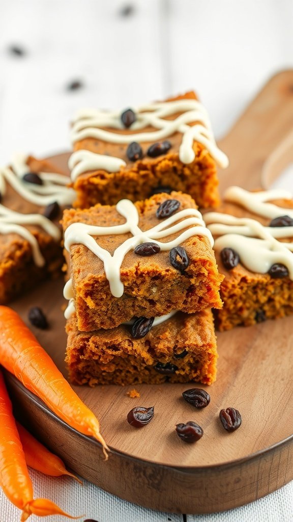 Carrot cake bars with raisins and white icing on a wooden platter, surrounded by fresh carrots.