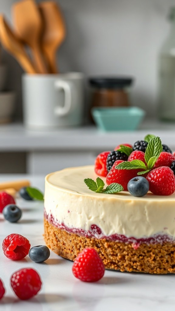 A delicious cheesecake topped with fresh berries and mint leaves, showcasing a golden crust and creamy filling.