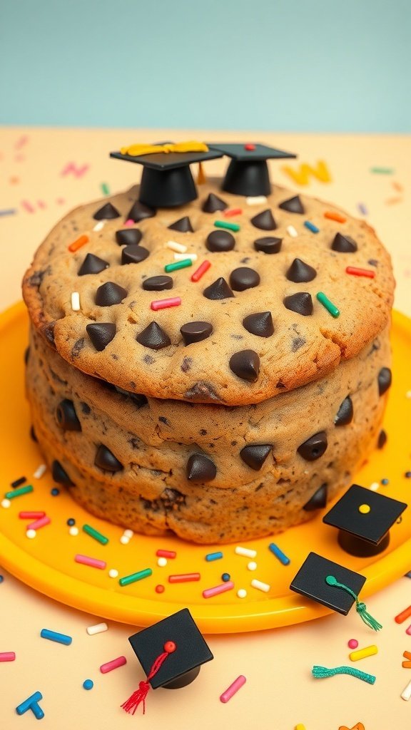 A large chocolate chip cookie cake decorated with mini graduation caps and colorful sprinkles on a yellow plate.