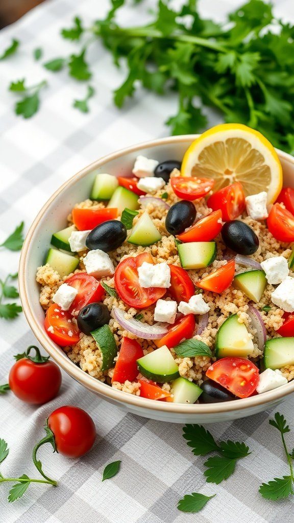 A colorful Mediterranean quinoa salad with fresh vegetables and feta cheese in a bowl.