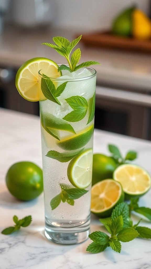 A refreshing virgin mojito with mint and lime slices in a tall glass.
