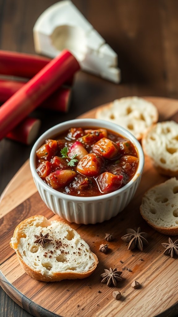 A bowl of savory rhubarb chutney with slices of bread and rhubarb stalks in the background.