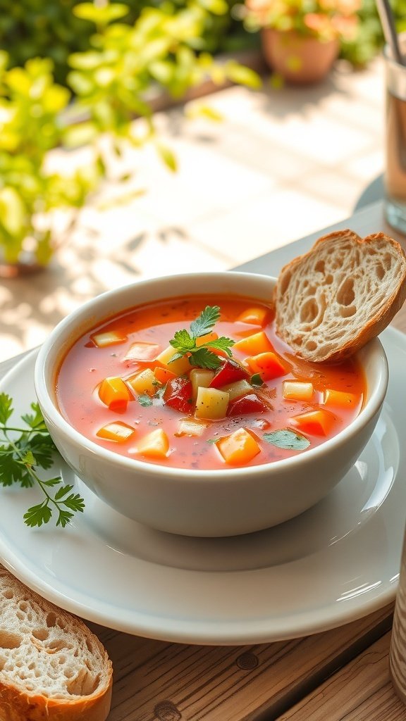 A bowl of colorful cold soup garnished with vegetables and cilantro, accompanied by a slice of bread.