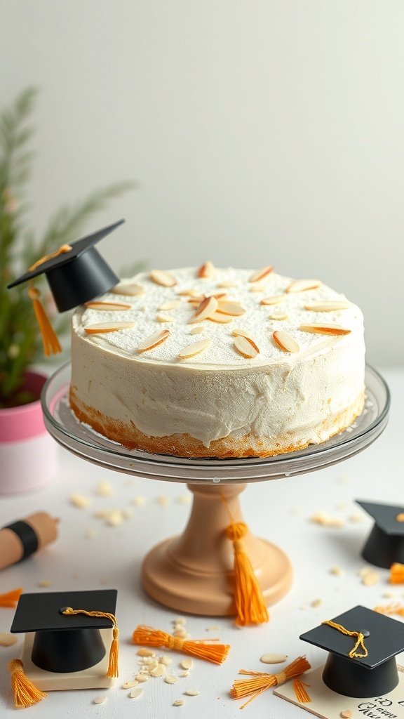 A beautifully decorated almond cake with graduation caps and almond slices on top, perfect for a graduation celebration.